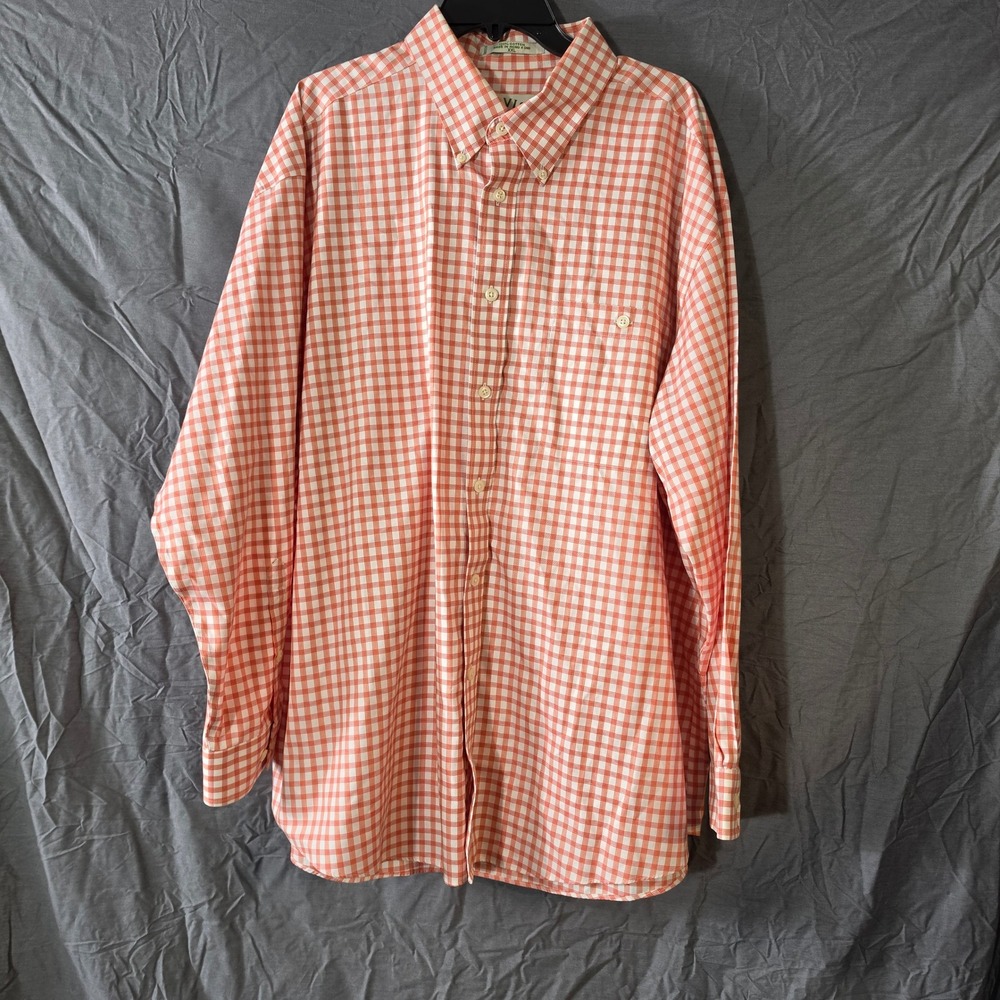 Orvis Mens XXL Orange White Gingham Check Button Down Cotton Shirt Long Sleeve